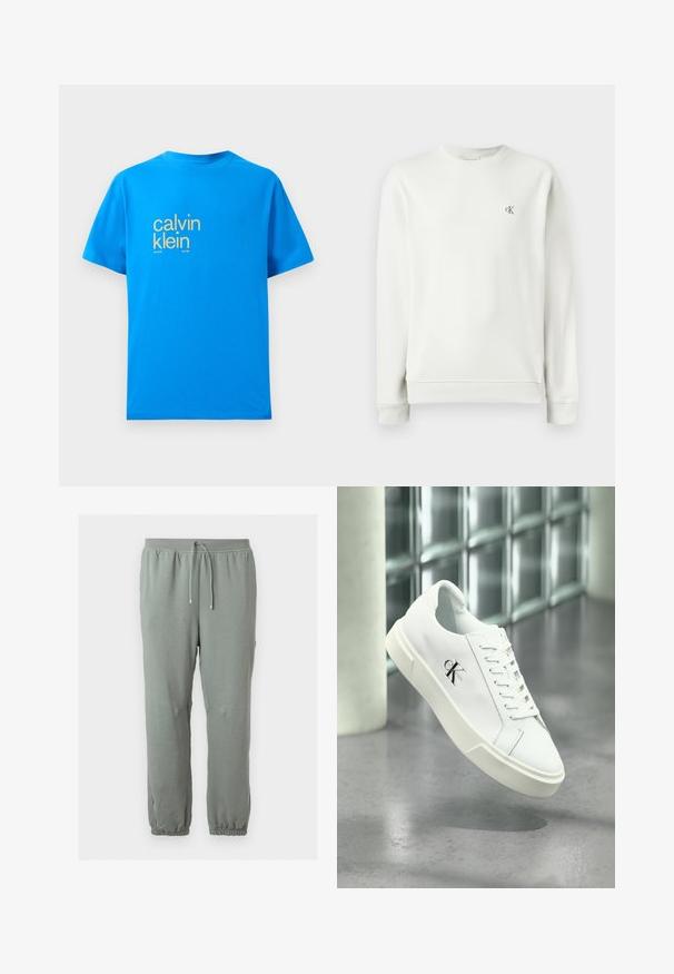 Lichtgrijze sweatshirt met ronde hals, gemaakt van gladde stof, met ribgebreide manchetten en zoom, en een klein geborduurd logo op de borst.; Heldere blauwe katoenen T-shirt met korte mouwen, voorzien van een groot geel "calvin klein" logo op de voorkant en de tekst "new york city / since 1981".; Lichtgroene joggingbroek met aantrekkoord, elastische tailleband en boorden, weergegeven tegen een effen achtergrond.; Witte Calvin Klein sneaker met veters, zwevend getoond boven een gepolijste betonnen vloer en een achtergrond van glasblokken.