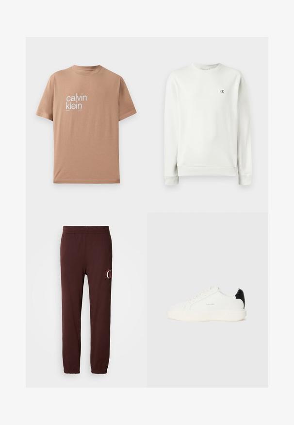 Hellgraues Crewneck-Sweatshirt aus glattem Stoff, mit gerippten Bündchen und Saum, sowie einem kleinen gestickten Logo auf der Brust.; Kurzärmliges T-Shirt aus hellbraunem Baumwollstoff, mit großem weißen Text "calvin klein" auf der Vorderseite und Rundhalsausschnitt.; Burgunderfarbene Jogginghosen aus weicher Baumwolle, mit einem elastischen Bund, gerippten Knöcheln und einem dezenten Logo auf dem linken Bein.; Weiße Ledersneaker mit einem schwarzen Akzent an der Ferse, runden Zehen, flachen Schnürsenkeln und einer dicken weißen Sohle. Calvin Klein Logo angebracht.