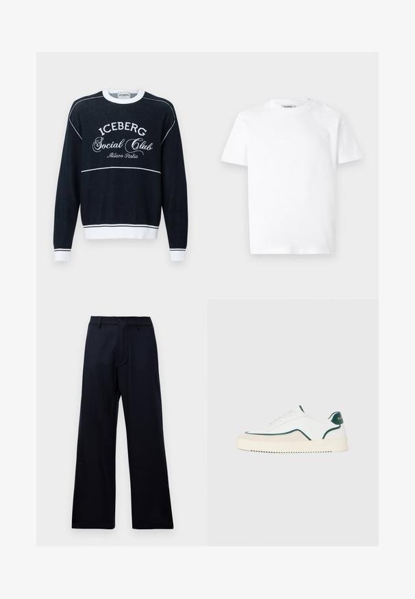 Marineblauer Pullover mit weißen Bündchen und Kragen, weißen Paspeln und weißen Schriftzug "ICEBERG Social Club Milano Italia" auf der Vorderseite.; Weißes Baumwoll-T-Shirt mit Rundhalsausschnitt und kurzen Ärmeln. Besitzt ein kleines, geprägtes Logo auf der linken Brust. Glatte Textur.; Schwarze hoch taillierte weite Hose mit Gürtelschlaufen, vorderem Knopf und Reißverschluss vor einem schlichten weißen Hintergrund.; Weiße Low-Top-Sneaker mit grünen Akzenten, beigen Wildlederdetails und einer cremefarbenen Sohle mit gerilltem Boden.
