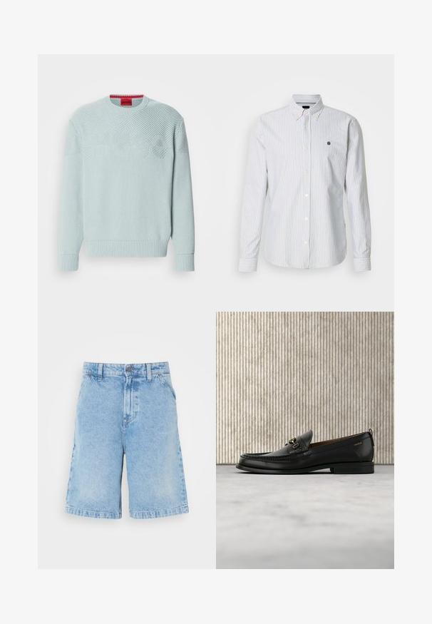 Suéter de punto azul claro con un patrón texturizado en forma de chevrón, puños acanalados y una etiqueta roja con el nombre de la marca "HUGO" en el interior del cuello.; Camisa abotonada con finas rayas azules y blancas, mangas largas y un pequeño logo en el pecho, confeccionada con una tela ligera.; Shorts de mezclilla azul claro con corte recto, que cuentan con cinco bolsillos, cierre frontal con botón y un ligero desgaste en la tela.; Mocasín de cuero negro con pieza metálica dorada y logotipo "HUGO", exhibido sobre una alfombra beige y muebles translúcidos marrones.