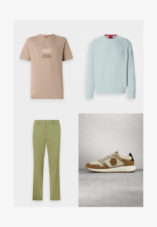 Suéter de punto azul claro con un patrón texturizado en forma de chevrón, puños acanalados y una etiqueta roja con el nombre de la marca "HUGO" en el interior del cuello.; Camiseta beige hecha de algodón, con un logo cuadrado en tonos blancos y marrones claros. Mangas cortas, cuello redondo, corte estándar.; Pantalones ajustados de color verde oliva con trabillas para cinturón, cremallera frontal y perneras rectas, extendidos sobre un fondo claro.; Zapatilla casual beige y marrón con cordones y suela texturizada, flotando sobre un suelo gris reflectante cerca de una pared de bloques de vidrio.