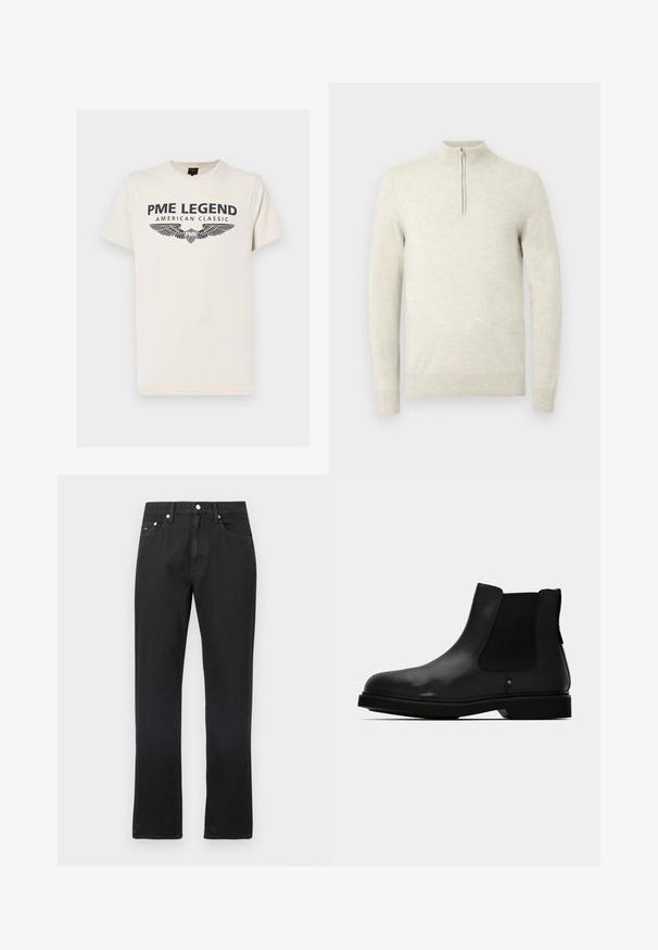 Lys beige pullover cardigan med høj hals og kvart-lynlås. Har lange ærmer og et blødt, struktureret stof.; Kraftig cremefarvet bomulds t-shirt med et mørkt print, der står "PME LEGEND AMERICAN CLASSIC" med vingegrafik under teksten.; Sorte denimjeans med lige ben, der har fem lommer, bæltestropper og en frontknaplukning. Glat tekstur, minimal falming.; Sort læder Chelsea-støvle med elastiske sidepaneler, rund tå og tekstureret overdel. Har en flad gummisål og diskret mærkedetalje.
