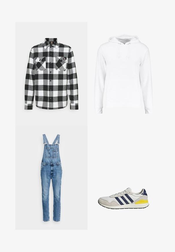 Sudadera blanca hecha de material suave, con un bolsillo canguro, cordones en el cuello y puños y dobladillo acanalados. Textura suave.; Camisa de franela en blanco y negro con un patrón de cuadros, que cuenta con dos bolsillos en el pecho, cierre frontal con botones y un cuello. Tela suave y texturizada.; Pepe Jeans DOUGIE TAPER - Vaqueros rectos - denim; Zapatilla Adidas blanca y gris con rayas azul marino y un detalle amarillo en el talón, vista de lado sobre un fondo blanco.