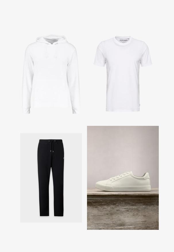 Haut à capuche blanc en matériau doux, comprenant une poche kangourou, des cordons au niveau du cou, et des poignets et un ourlet côtelés. Texture lisse.; T-shirt blanc à manches courtes en coton, avec un col rond et un design simple. Étiquette de marque visible au niveau du cou. Aucun motif ni accent.; Pantalon de jogging noir à cordon avec taille et poignets élastiques, présenté sur fond gris clair.; Sneaker en dentelle blanche flottant au-dessus d'un banc en bois avec un feuillage vert en arrière-plan, mettant en valeur le design et la texture de la chaussure.