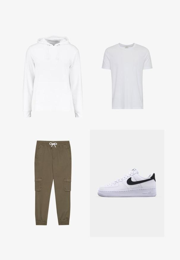White hoodie made from soft material, featuring a kangaroo pocket, drawstrings at the neck, and ribbed cuffs and hem. Smooth texture.; Plain white short-sleeve crew neck t-shirt, displayed on a white background, with a small neck label showing the brand “Solid.”; Khaki cargo pants with an elastic waistband and drawstring, featuring side pockets and cuffed ankles. Made from a textured, lightweight material.; White leather sneaker with a textured black Swoosh, flat laces, and a rubber sole featuring a ridged pattern. "AIR" is embossed on the heel.