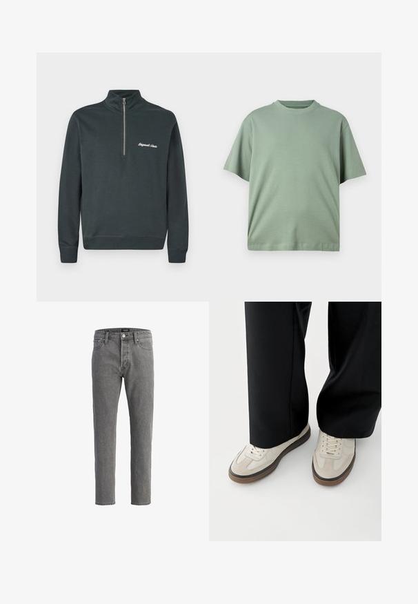 Dunkelgrauer Sweatshirt mit hohem Kragen und halbem Reißverschluss. Mit weißen, gestickten Text "Originals Studio" auf der linken Brust.; Helles grünes T-Shirt mit kurzen Ärmeln und Rundhalsausschnitt, aus weichem Stoff gefertigt. Das Design zeichnet sich durch eine lockere Passform und keine sichtbaren Muster aus.; Graue Jeans aus Denim mit geradem Schnitt, fünf Taschen und Metallknopfverschluss. Der Stoff hat eine weiche, strukturierte Oberfläche.; Füße mit beigen Sneakers mit braunen Sohlen und schwarzen Hosen mit weitem Bein auf weißem Hintergrund.