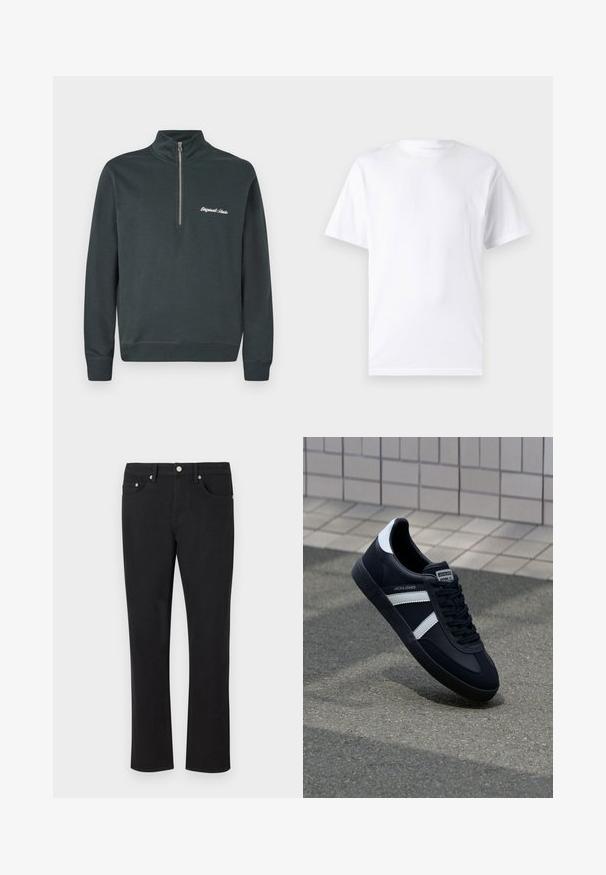 Donkergrijze sweatshirt met hoge kraag en halve rits. Bevat witte geborduurde tekst "Originals Studio" op de linkerkant van de borst.; Witte T-shirt met korte mouwen, gemaakt van katoen, met een ronde hals. Het heeft een gladde textuur en een eenvoudig ontwerp zonder patronen of accenten.; Zwarte denim jeans met een recht model, voorzien van vijf zakken en zilveren hardware met een gladde textuur. Geen patronen of accenten.; Zwarte leren sneaker met witte strepen, een gestructureerde rubberen zool en vetersluiting aan de voorkant. Voorzien van een merklabel op de tong.