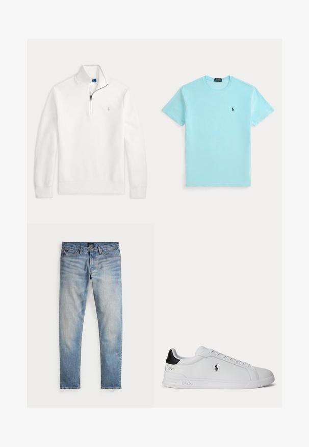 Weißer Strickpullover mit Viertelreißverschluss und Stehkragen, langen Ärmeln und kleinem besticktem Logo auf der linken Brust.; Hellblaues T-Shirt mit kurzen Ärmeln und Rundhalsausschnitt mit kleinem dunklem Logo eines Polo-Spielers auf der linken Brust.; Helle blaue Denim-Jeans mit einem ausgewaschenen Finish, Fünf-Taschen-Design und kontrastierenden Nähten. Mit Reißverschluss und Gürtelschlaufen. Gerade geschnitten.; Weißer Sneaker mit niedrigem Schaft, schwarzem Fersenlasche, Schnürsenkeln und Polo Ralph Lauren Logo an der Seite, mit geprägten Sohlen-Details.