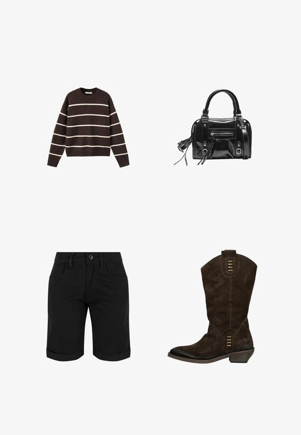 Brun sweater med hvide vandrette striber, rund halsudskæring, lange ærmer og ribbede manchetter og kant, lavet af strikket stof.; Sorte bomuldsshorts med knaplukning, der har opsmøg, to frontlommer og en glat tekstur.; Brun ruskinds cowboystøvle med spids snude, stablet hæl og dekorative guldfarvede metalaccenter på siden. Har en glat læderkant.; Sort håndtaske lavet af blankt materiale, med to håndtag, en aftagelig rem, en lynlåslomme foran og sølvfarvede metaldele.