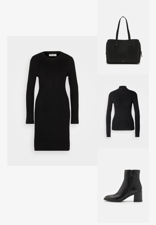 Sort turtleneck sweater lavet af let strikket stof. Har lange ærmer, et tætsiddende design og en blød ribbet tekstur.; Sort strikket kjole med lange ærmer, ribbet tekstur og tætsiddende silhuet. Rundet halsudskæring og knælangt design.; Sorte ankelstøvler lavet af glat læder med en lynlås på siden. De har en spids tå og en tekstureret blokhæl for stabilitet.; Sort tote bag lavet af tekstureret læder, med to lange håndtag, lynlås lukning og diskrete guldfarvede detaljer på hardware.