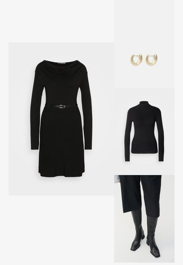 Schwarzer Rollkragenpullover aus leichtem Strickgewebe. Mit langen Ärmeln, taillierter Passform und weichem Ripptextil.; Anna Field by Zalando Strickkleid - black; Schwarze Lederstiefel bis zum Knie mit quadratem Zehen und Blockabsatz. Mit einem seitlichen Reißverschluss und glatter Textur.; Goldfarbene Creolen mit einer glatten, polierten Oberfläche. Sie haben eine halbkreisförmige Form und einen sicheren Stiftverschluss.