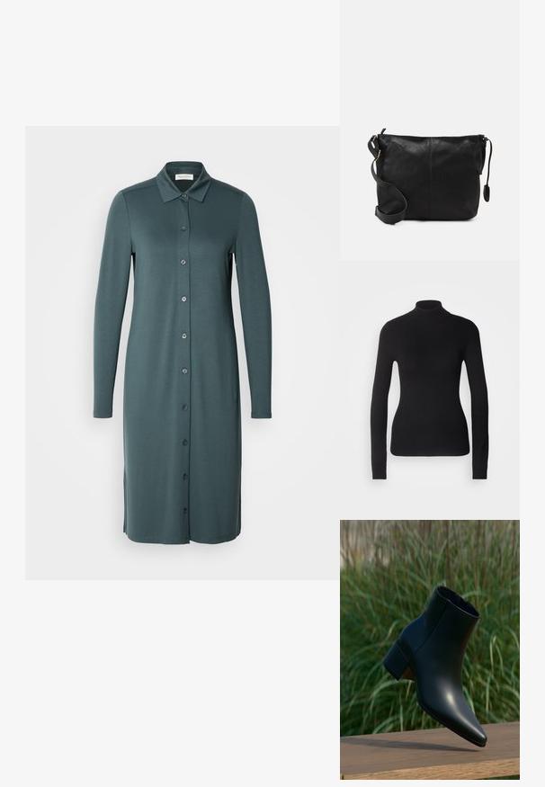 Mustem turtleneck-sviiter, mis on valmistatud kerge kudumiskangast. Omab pikki varrukaid, slim-fit lõiget ja pehmet soonikut.; Pikakarvane, nööpidega kleit mahedas türkiissinises värvitoonis. Valmistatud siledast kangast, millel on krae ja külgedel lõhud hemmi juures.; Mustast nahast pahkluu saabas plokktallaga, terava ninaga, kuvab puidust pinna kohal rohelise udutud muru taustal.; Must värvi nahast ristiõlakott, millel on lame kuju, kuldne metallist detailide aktsent ja reguleeritav rihm. Sile tekstuur väheste õmblusdetailidega.