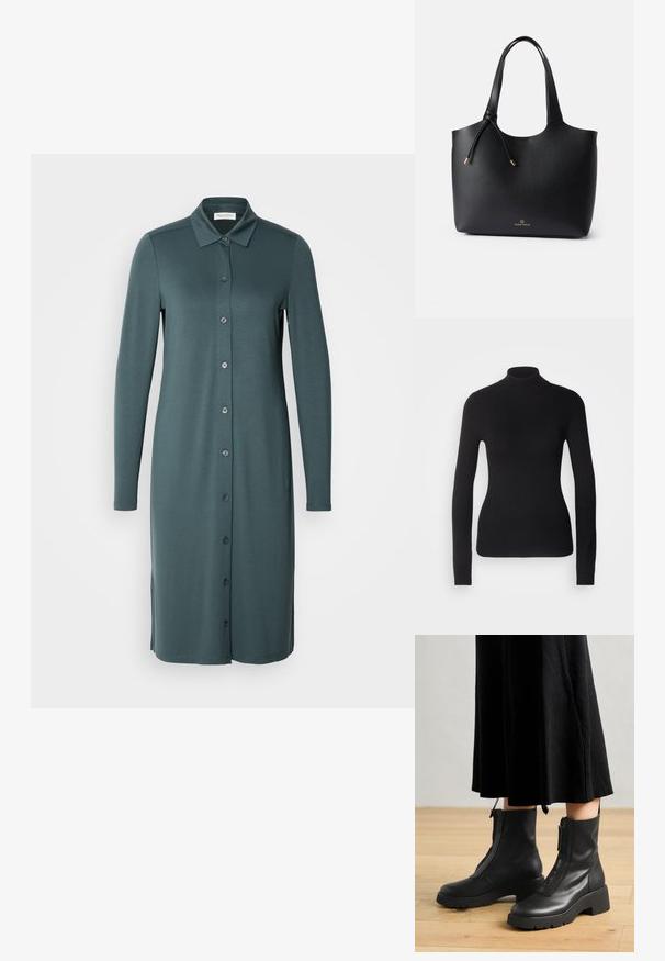 Mustem turtleneck-sviiter, mis on valmistatud kerge kudumiskangast. Omab pikki varrukaid, slim-fit lõiget ja pehmet soonikut.; Pikakarvane, nööpidega kleit mahedas türkiissinises värvitoonis. Valmistatud siledast kangast, millel on krae ja külgedel lõhud hemmi juures.; Mustad nahast pahkluu saapad paksu platvormitaldadega ja esise closinguga. Sile tekstuur ja minimalistlik disain.; Must mustaga nahkakott, millel on sile tekstuur, avatud ülaosa, kaks õlavarre rihma ja tagasihoidlik kuldne logo alusel. Omab tõmbluku sulgemist.