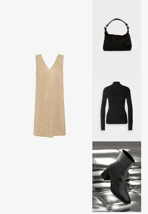 Sort turtleneck sweater lavet af let strikket stof. Har lange ærmer, et tætsiddende design og en blød ribbet tekstur.; Beige ærmeløs kjole med dyb V-hals, lavet af blødt, tekstureret stof. Løs pasform med A-linje silhuet, velegnet til varmt vejr.; Sorte ankelstøvler lavet af glossy materiale med firkantet tå og spidse hæle, sat mod en skinnende sølv tuftet baggrund.; Sort faux fur håndtaske med en blød tekstur, rund form og en robust skulderrem i sort læder. Synlige sølvhardware-detaljer.