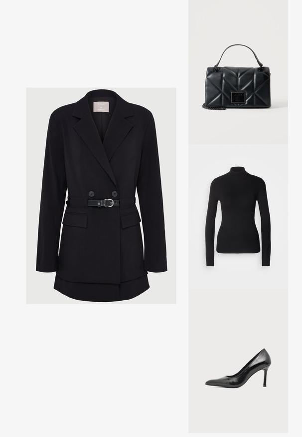 Mustem turtleneck-sviiter, mis on valmistatud kerge kudumiskangast. Omab pikki varrukaid, slim-fit lõiget ja pehmet soonikut.; Mustast topeltkaelusega bleiser, millel on vööga talje, kaks esimapoolset taskut ja laiad kraed; valmistatud tekstuurses kangas, millel on struktureeritud kuju.; Mustast lakknahast naiste kõrgete kontsadega king varbaosaga ja peene kontsaga heledal ühtlasel taustal.; Mustast tikk-kunstnahast käekott, ülaosas käepide, ristkülikukujuline ja ees metallist kinnitus ahelrihmal, lihtsal taustal.