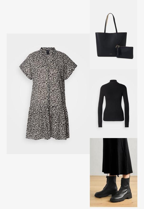 Sort turtleneck sweater lavet af let strikket stof. Har lange ærmer, et tætsiddende design og en blød ribbet tekstur.; Kortærmet, knælængde kjole i letvægtsstof, med et mønster af sort og beige leopard og en lagdelt flæse i bunden.; Sorte læder ankelstøvler med en kraftig platformsål og en frontlynlås. Glat tekstur med et minimalistisk design.; Sort tote taske med struktureret materiale, to lange håndtag og en aftagelig lynlåspose med en frynse-detalje. Guld mærkelogo synligt.
