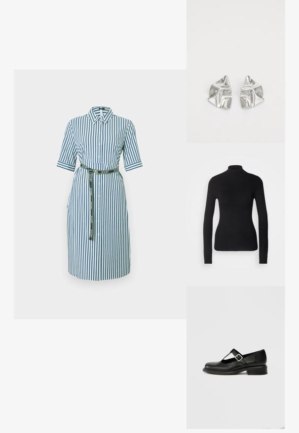 Pull à col roulé noir en maille légère. Il possède des manches longues, une coupe ajustée et une texture côtelée douce.; Robe chemise midi à rayures verticales bleu et blanc, manches courtes, boutonnée à l'avant, col pointu, et ceinture noire de marque à la taille.; Chaussure Mary Jane en cuir noir avec un bout rond, un design à bride en T, une boucle réglable et un petit talon empilé. Texture lisse avec peu de détails.; Boucles d'oreilles en métal argenté avec un design ondulé et sculptural, présentant une finition polie et des formes irrégulières, mettant en valeur une esthétique contemporaine.