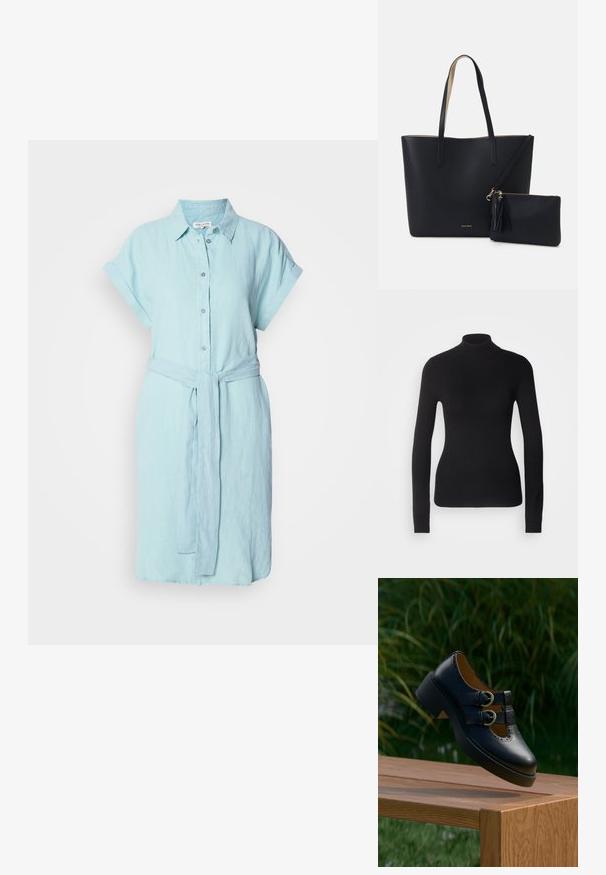 Sort turtleneck sweater lavet af let strikket stof. Har lange ærmer, et tætsiddende design og en blød ribbet tekstur.; Lys blå linned kjole med korte opsmøgede ærmer, knaplukning foran og et matchende bindebælte i taljen for justerbar pasform.; Sort læder sko med dobbelt spænde og perforerede detaljer, der svæver over en træbænk udendørs med grøn græs og planter i baggrunden.; Sort tote taske med struktureret materiale, to lange håndtag og en aftagelig lynlåspose med en frynse-detalje. Guld mærkelogo synligt.