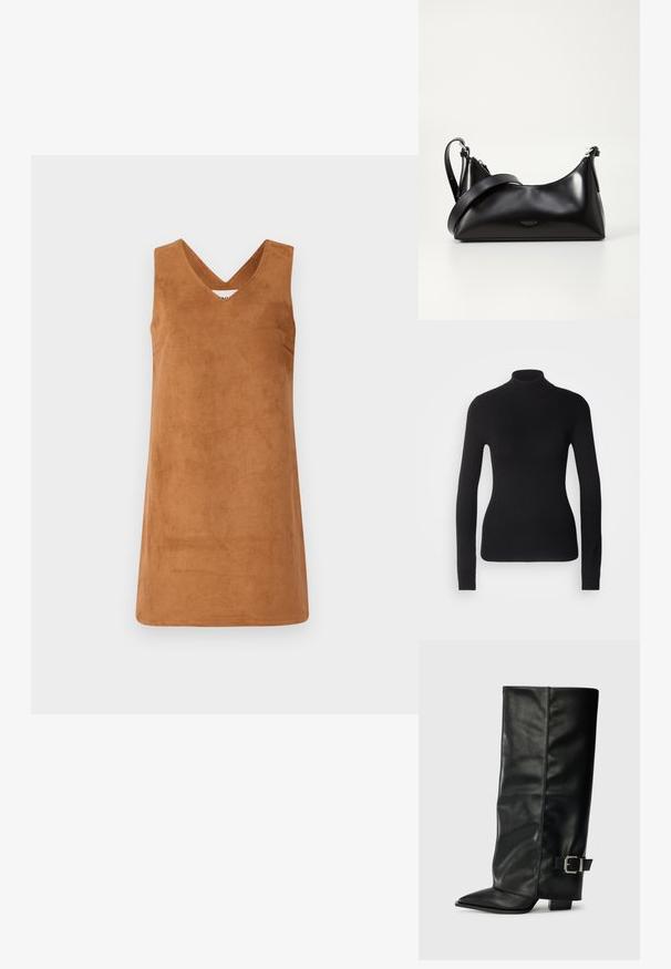 Pull à col roulé noir en maille légère. Il possède des manches longues, une coupe ajustée et une texture côtelée douce.; Robe sans manches brune en matériau semblable àdu daim avec un décolleté en V, présentant une texture lisse et des lignes épurées. Pas de détails supplémentaires.; Bottes noires en cuir longueur cheville avec un bout pointu, texture lisse et une accent en boucle argentée sur le côté. Talon carré épais.; Sac à main en cuir noir avec une texture lisse. Dispose d'une bandoulière adjustable et d'un design élégant et minimaliste avec une fermeture éclair.