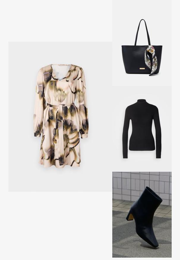 Mustem turtleneck-sviiter, mis on valmistatud kerge kudumiskangast. Omab pikki varrukaid, slim-fit lõiget ja pehmet soonikut.; Lille beež lilledega kleit, milles on V-kaelus, pikad varrukad ja seotud taljevöö. Siidiselt pehme tekstuur ja lõtv, voolav disain.; Mustast nahast pahkluusaap täisplokksiiniga, seisab hele plaatidega kaetud seina ees hallil kõnniteel.; Mustast nahast käekott kahe õlapaelaga, millel on käepidemele seotud lilleline siidist sall ja metalline logo aktsent ees.