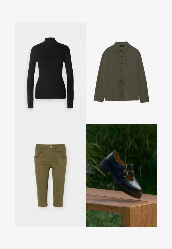 Pull à col roulé noir en maille légère. Il possède des manches longues, une coupe ajustée et une texture côtelée douce.; Veste chemise olive avec un devant à boutons, deux poches poitrine et une taille à cordon. Elle présente un col classique et des manches longues.; Pantalon court vert olive avec poches avant, passants pour ceinture, fermeture à boutons et détails cousus sur les poches.; Chaussure noire en cuir à double boucle avec des détails perforés flottant au-dessus d'un banc en bois à l'extérieur avec de l'herbe verte et des plantes en arrière-plan.