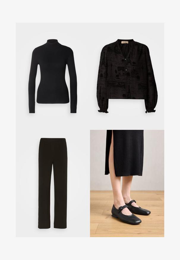 Zwarte coltrui gemaakt van lichte brei stof. Heeft lange mouwen, een aansluitend design en een zachte ribbeltextuur.; Mos Mosh TALE LIGHT BLOUSE - Overhemdblouse - black; Zwarte, rechte broek van geweven stof, met een platte voorkant, twee zijzakken en een gladde textuur. Geen zichtbare patronen of accenten.; Zwarte leren Mary Jane ballerina's met een klein hakje, met een ronde neus en een zijgesp. Het textuurontwerp verhoogt de visuele aantrekkingskracht.