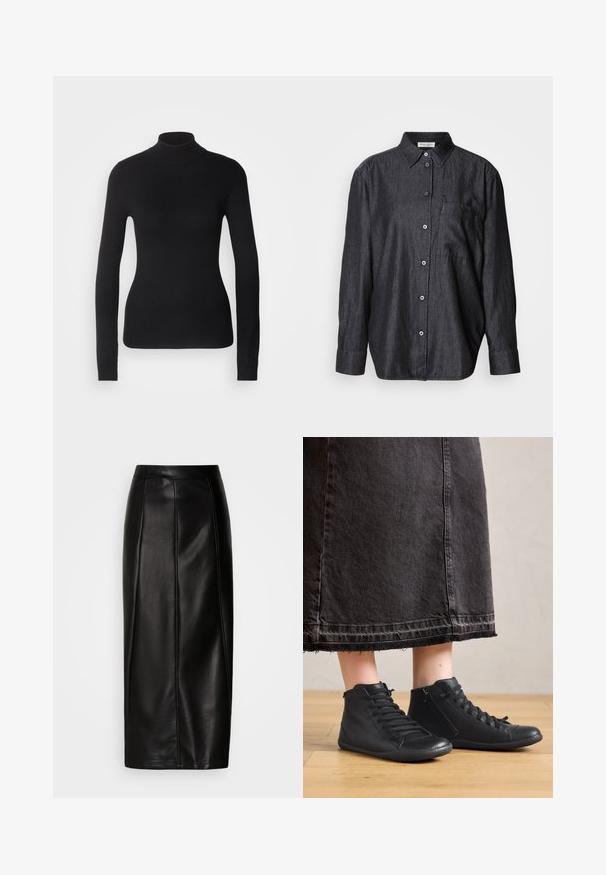 Zwarte coltrui gemaakt van lichte brei stof. Heeft lange mouwen, een aansluitend design en een zachte ribbeltextuur.; Donkergrijs shirt met lange mouwen, gemaakt van lichtgewicht stof, met een knoopsluiting, kraag en een enkel borstzakje.; Zwarte leren midi-rok met een aansluitende taille, een gladde textuur, zichtbare naden en een rechte silhouet. Geen versieringen aanwezig.; Zwarte leren hoge schoenen met een gladde textuur, met veters en een zijrits. G gedragen bij een lange zwarte spijkerrok.
