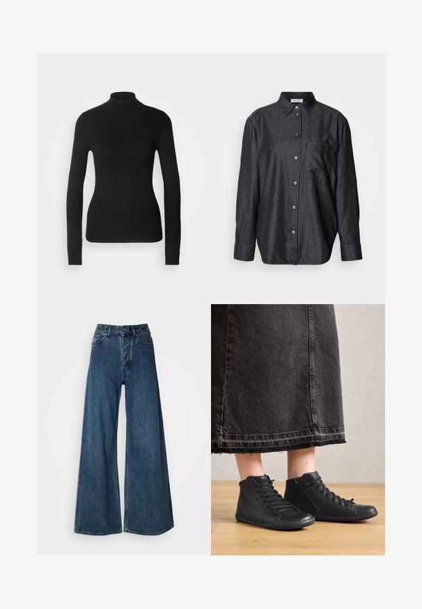 Zwarte coltrui gemaakt van lichte brei stof. Heeft lange mouwen, een aansluitend design en een zachte ribbeltextuur.; Donkergrijs shirt met lange mouwen, gemaakt van lichtgewicht stof, met een knoopsluiting, kraag en een enkel borstzakje.; Wijduitlopende denim jeans in donkerblauw, met een hoge taille, vijf zakken en contrasterende stiksels. Klassieke, duurzame stof.; Zwarte leren hoge schoenen met een gladde textuur, met veters en een zijrits. G gedragen bij een lange zwarte spijkerrok.