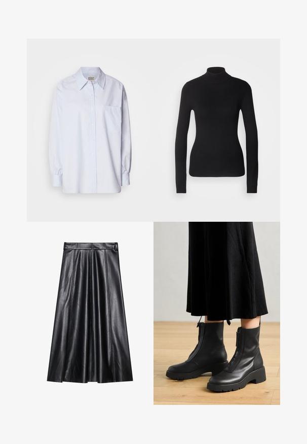 Zwarte coltrui gemaakt van lichte brei stof. Heeft lange mouwen, een aansluitend design en een zachte ribbeltextuur.; Lichtblauw button-up shirt van katoen. Heeft een puntige kraag, lange mouwen en een enkele borstzak. Zachte textuur.; Zwarte leren A-lijn rok met plooien, met een gladde textuur, aansluitende tailleband en zichtbare stiksels. Geen extra accenten.; Zwarte leren enkelboots met een chunky platformzool en een rits aan de voorkant. Glad oppervlak met een minimalistisch ontwerp.
