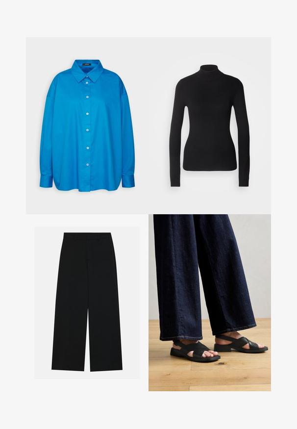 Sort turtleneck sweater lavet af let strikket stof. Har lange ærmer, et tætsiddende design og en blød ribbet tekstur.; Blå skjorte med knaplukning, spids krave, lange ærmer og lige snit. Glat bomuldsstof med kontrasterende hvide knapper.; Breddebenede sorte bukser lavet af et glat stof. Har en flad talje med bæltestropper og ingen synlige lommer. Simpelt design.; Sorte lædersandaler med et krydsdesign, flad sål og minimal hardware, parret med vide mørke denim-bukser.