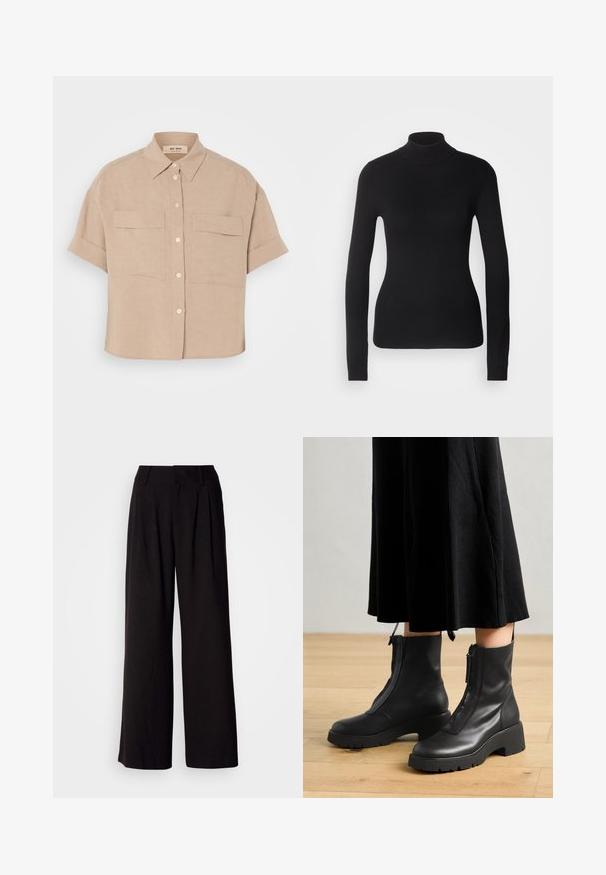 Sort turtleneck sweater lavet af let strikket stof. Har lange ærmer, et tætsiddende design og en blød ribbet tekstur.; Beige kortærmet skjorte i hør med spidse kraver, to forlommer og hvide knapper. Løs pasform, glat tekstur.; Sorte bukser med vid benvidde lavet af glat stof, med folder foran, en tætsiddende talje og uden synlige mønstre eller detaljer.; Sorte læder ankelstøvler med en kraftig platformsål og en frontlynlås. Glat tekstur med et minimalistisk design.