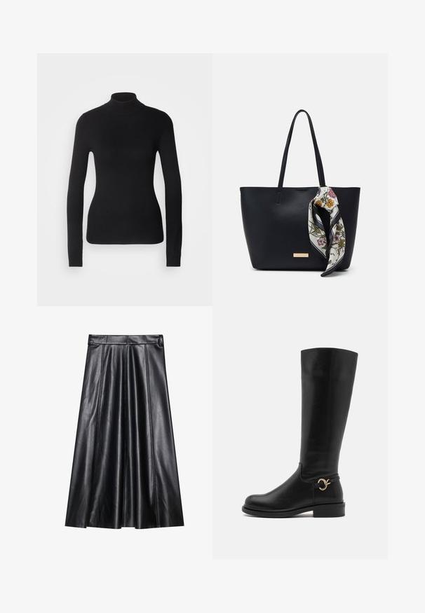 Pull à col roulé noir en maille légère. Il possède des manches longues, une coupe ajustée et une texture côtelée douce.; Jupe A-line en cuir noir avec plis, présentant une texture lisse, une taille cintrée et des détails de couture visibles. Aucun accent supplémentaire.; Anna Field Wide Fit by Zalando Bottes - black; Sac fourre-tout en cuir noir avec deux poignées, orné d'une écharpe en soie florale attachée à la poignée et d'un accent logo métallique à l'avant.