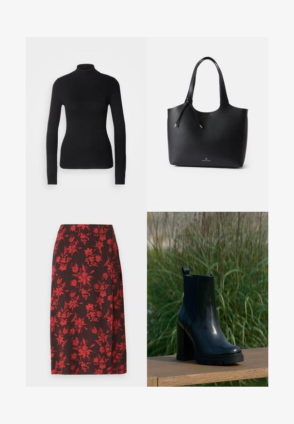 Čierny rolák vyrobený z ľahkej pleteniny. Má dlhé rukávy, priliehavý strih a jemnú rebrovanú štruktúru.; Anna Field by Zalando MIDI SPLIT - Puzdrová sukňa - red/brown; Čierne lesklé kožené členkové čižmy s robustným vysokým podpätkom a úchytom, vystavené na drevenom povrchu s pozadím z vysokých zelených trávy.; Čierna kožená taška cez rameno s hladkou textúrou, otvoreným vrchom, dvoma popruhmi na rameno a jemným zlatým logom na spodnej časti. Obsahuje sťahovaciu šnúrku.