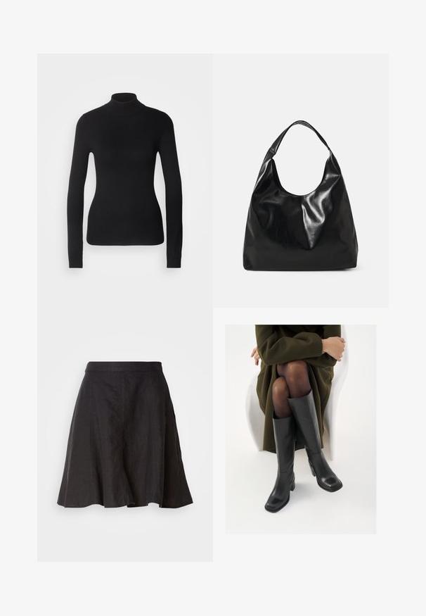 Pull à col roulé noir en maille légère. Il possède des manches longues, une coupe ajustée et une texture côtelée douce.; Jupe en lin noire avec un design évasé, dotée d'une taille et de coutures. Le tissu a une texture légèrement texturée et arrive à hauteur du genou.; Bottes en cuir noires arrivant au genou, avec un bout carré et un talon carré, présentées sur un modèle assis dans un manteau vert olive. Texture lisse, détails minimaux.; Sac hobo en cuir noir avec une texture douce et brillante et un haut ouvert arrondi. Dispose d'une large sangle courbée pour le transport. Pas de matériel visible.