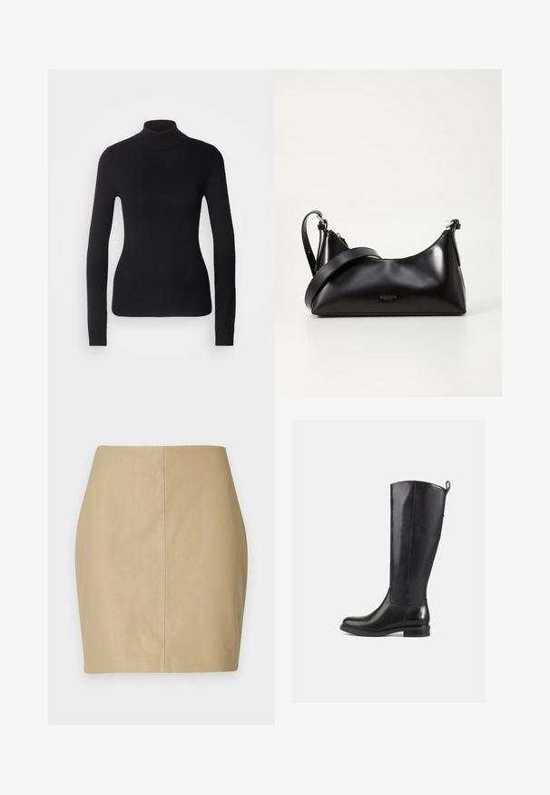 Pull à col roulé noir en maille légère. Il possède des manches longues, une coupe ajustée et une texture côtelée douce.; Mini-jupe en cuir beige avec un design ajusté, une texture lisse et une couture centrale qui descend verticalement dans le dos.; Bottes en cuir noir jusqu'au genou avec une finition lisse, bout rond, talon bas et une languette à l'arrière. Design minimaliste sans motifs visibles.; Sac à main en cuir noir avec une texture lisse. Dispose d'une bandoulière adjustable et d'un design élégant et minimaliste avec une fermeture éclair.