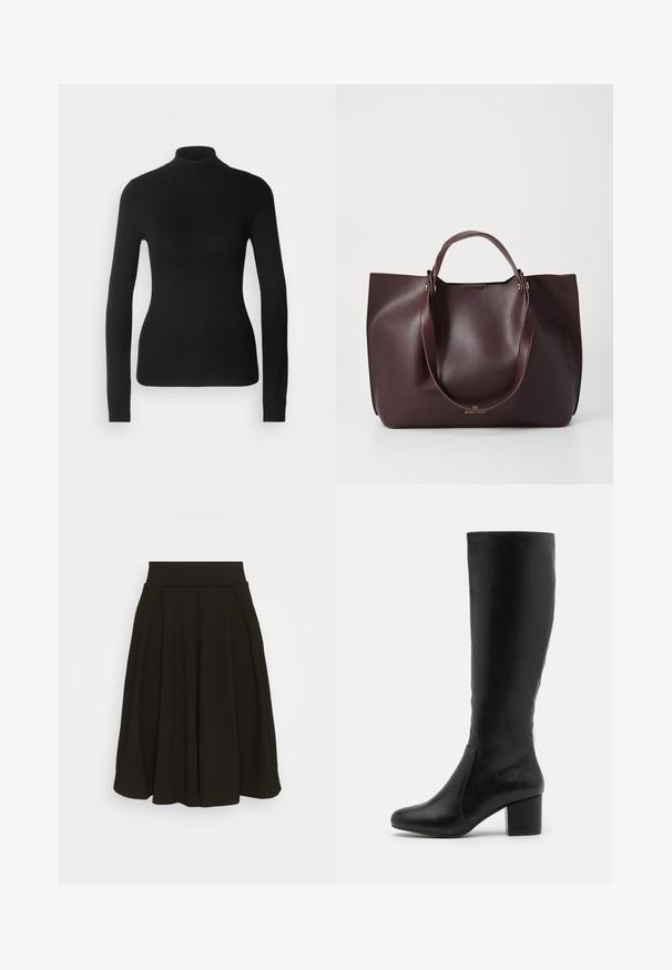 Sort turtleneck sweater lavet af let strikket stof. Har lange ærmer, et tætsiddende design og en blød ribbet tekstur.; Sort plisseret nederdel med en bred, elastisk talje. Fremstillet af et blødt stof, med en knælang kant og glat tekstur.; Knæ-høje sorte læderstøvler med en glat overflade, afrundet tå, sideskift og en kraftig blokhæl.; Bordeaux læder tote taske med glat tekstur, to robuste hanke og et minimalistisk design. Har subtile detaljer i guld hardware.