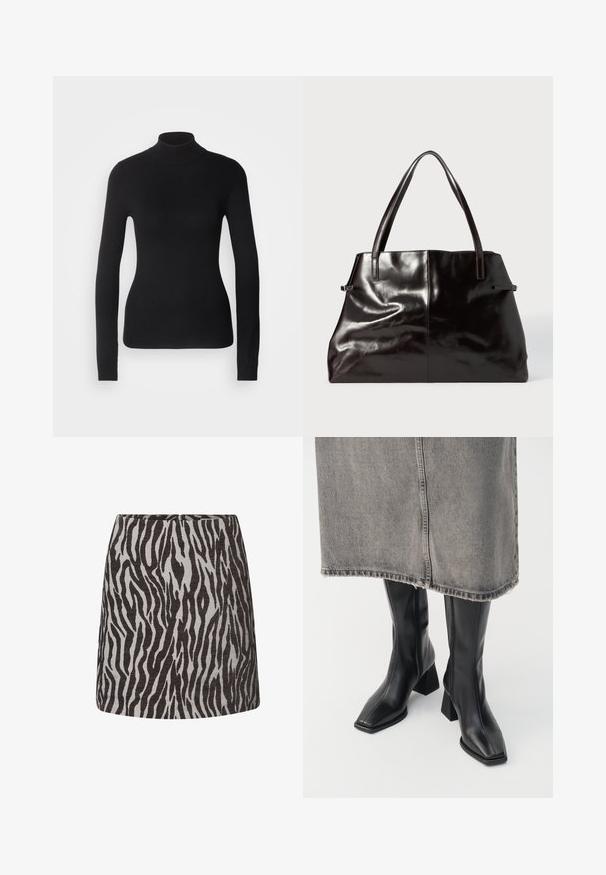 Zwarte coltrui gemaakt van lichte brei stof. Heeft lange mouwen, een aansluitend design en een zachte ribbeltextuur.; Mini-rok met zwart en grijs zebra-printpatroon, rechte snit en een verborgen rits aan de achterkant.; Zwarte laarzen tot de knie van soepel leer met een vierkante neus en blokhak. Draag ze met een grijze denim rok met een rafelige zoom.; Zwarte leren tote bag met een gladde textuur, twee lange handvatten en subtiele zichtbare naden. Beschikt over een brede opening, ideaal voor het dragen van spullen.