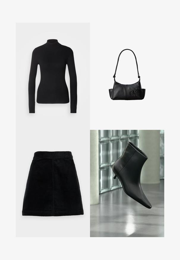 Sort turtleneck sweater lavet af let strikket stof. Har lange ærmer, et tætsiddende design og en blød ribbet tekstur.; Sort kordfløjlsskjørt med en tætsiddende talje, lige skæring og tekstureret stof med lodrette ribber. Ingen synlige lukninger eller udsmykninger.; Sort læderankelstøvle med spids tå og lav kitten-hæ, vist vinklet mod en poleret gulv- og glasblokvæg.; Sort læder skuldertaske med lang rem, sidelommer og præget Calvin Klein-logo på fronten.