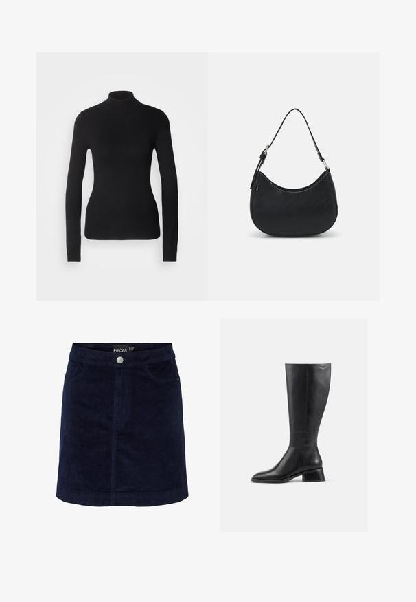Sort turtleneck sweater lavet af let strikket stof. Har lange ærmer, et tætsiddende design og en blød ribbet tekstur.; Marineblå fløjl mini nederdel med en let A-form, der har knaplukning foran og to forlommer. Glat tekstur med synlige ribber.; Støvle i sort læder, der går til knæene, med rund tå og lav blokhæl. Har en glat tekstur og minimal syning.; Sort hobo taske lavet af glat læder med en buet silhuet, der har en enkelt justerbar skulderrem og minimalistiske designdetaljer.