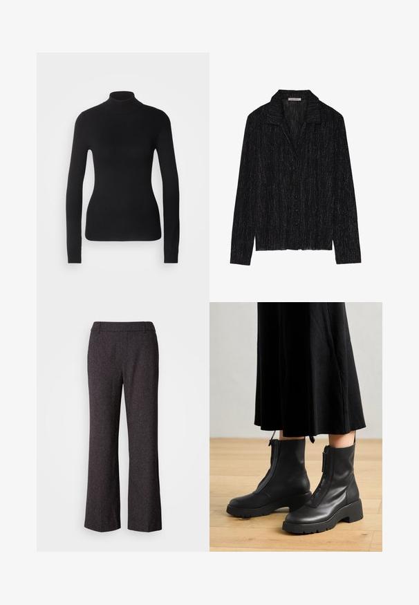 Mustem turtleneck-sviiter, mis on valmistatud kerge kudumiskangast. Omab pikki varrukaid, slim-fit lõiget ja pehmet soonikut.; Must tume pikkade varrukatega jakk, millel on tekstuuriga, sädelev pind. Omab kraega dekolteed ja nööbiga ees sulgemist.; Mos Mosh SVALA - Püksid - black; Mustad nahast pahkluu saapad paksu platvormitaldadega ja esise closinguga. Sile tekstuur ja minimalistlik disain.