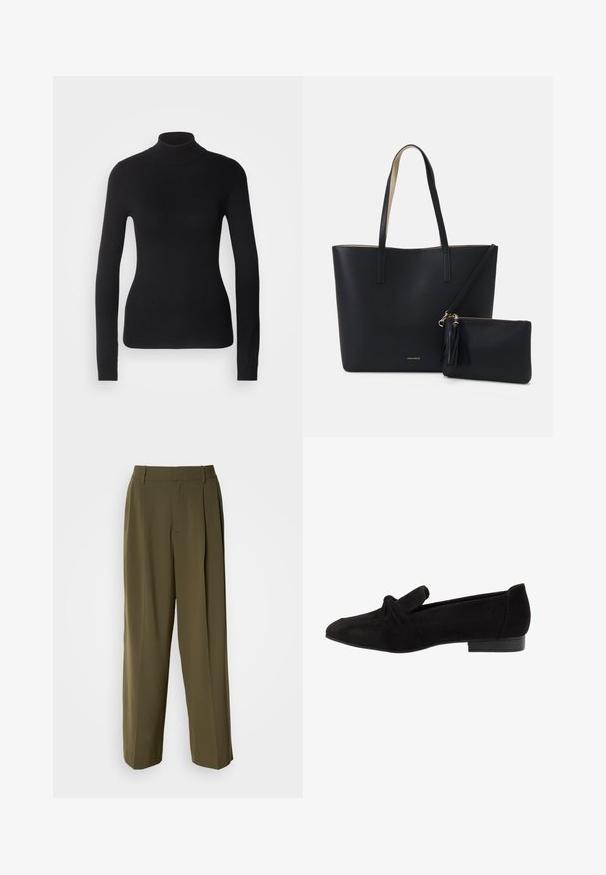 Pull à col roulé noir en maille légère. Il possède des manches longues, une coupe ajustée et une texture côtelée douce.; Pantalons à jambes larges vert olive en tissu lisse, dotés d'une taille haute, de plis sur le devant et de poches latérales pour plus de fonctionnalité.; Chaussure plate en suède noir avec un détail noué à l'extrémité, texture lisse, forme pointue et talon bas rectangulaire.; Sac fourre-tout noir avec un matériau texturé, deux longues anses et une pochette zippée amovible avec un détail de pompon. Logo de la marque en orvisible.