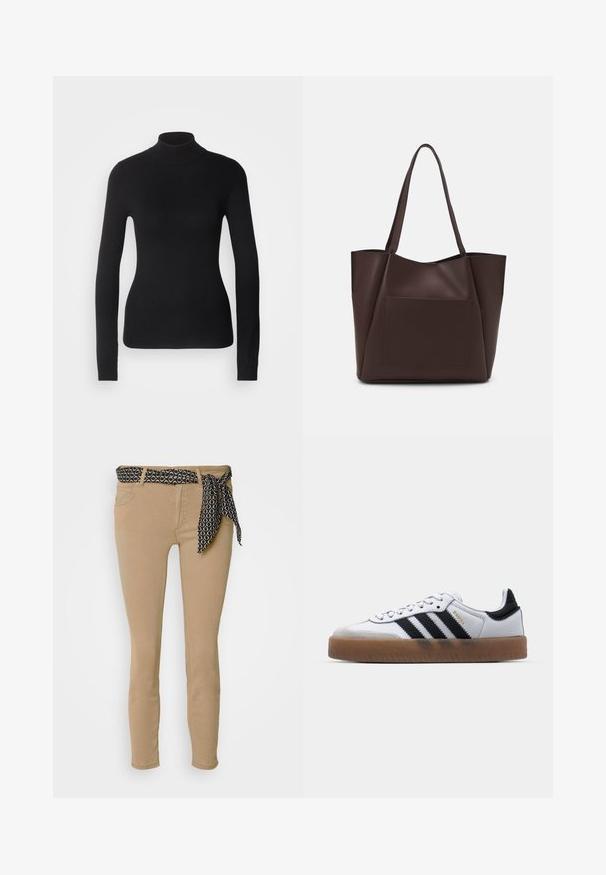 Pull à col roulé noir en maille légère. Il possède des manches longues, une coupe ajustée et une texture côtelée douce.; Jean skinny beige avec une ceinture à motif noir et un nœud assorti. Dispose de cinq poches et d'une texture douce en mélange de coton.; Baskets en cuir blanc avec des rayures noires, semelle extérieure en caoutchouc beige, bout rond, fermeture lacée et embout en suède gris doux.; Sac fourre-tout brun en matériau lisse, avec une grande poche avant, deux poignées et un design structuré simplifié.