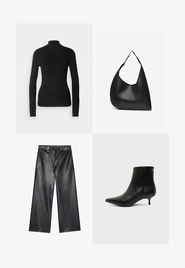 Pull à col roulé noir en maille légère. Il possède des manches longues, une coupe ajustée et une texture côtelée douce.; Pantalons en cuir noir largement coupés avec une texture lisse, des passants de ceinture et une fermeture éclair à l'avant. Présente un ajustement lâche et des détails de couture soignés.; Bottine en cuir noir avec bout pointu et petit talon kitten sur fond clair, vue côté extérieur.; Sac à épaule en cuir noir avec forme triangulaire incurvée, une seule sangle ajustable, et une couture diagonale visible à l'avant.