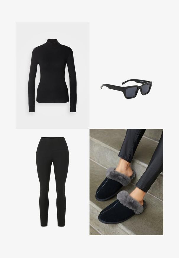 Schwarzer Rollkragenpullover aus leichtem Strickgewebe. Mit langen Ärmeln, taillierter Passform und weichem Ripptextil.; Schwarze Leggings mit einem hohen Bund. Hergestellt aus dehnbarem Stoff, mit einer glatten Textur und einer anliegenden Silhouette ohne sichtbare Nähte.; Schwarze Wildlederpantoffeln mit einem grauen Kunstfellbund, runder Zehenpartie und Kontrastnähten. Weiche Textur und Slipper-Design für ein einfaches Anziehen.; Schwarze rechteckige Sonnenbrille mit dickem Rahmen und dunkel getönten Gläsern, von vorne auf weißem Hintergrund gezeigt.