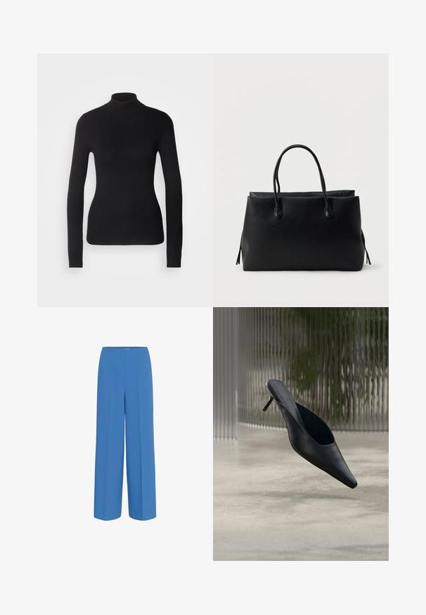 Mustem turtleneck-sviiter, mis on valmistatud kerge kudumiskangast. Omab pikki varrukaid, slim-fit lõiget ja pehmet soonikut.; Sinised laiad püksid, mis on valmistatud siledast kangast, esiküljel on voldid ja lame vöökoht ilma nähtavate sulgureideta.; Mustad terava ninaga mule-tüüpi kinga õhukese kõrge kontsaga, mis hõljub sileda betoonpinna kohal, udune vertikaalsete triipudega taust.; Must nahast käekott kahe sangaga, ristkülikukujuline ja lihtsa tekstuuriga pind, valgel taustal.