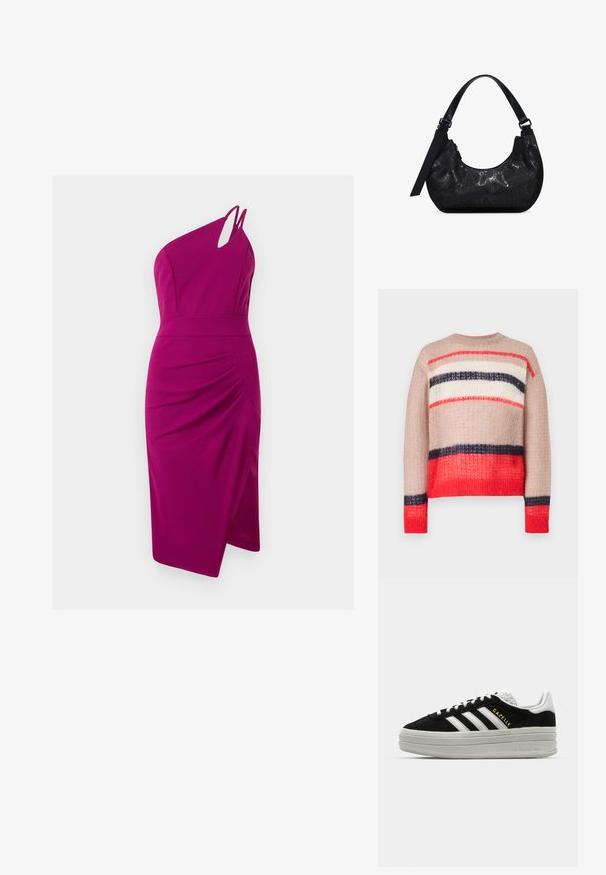 Suéter de punto con un corte holgado y rayas en rojo, azul marino, crema y beige. Tejido texturizado con un cuello y dobladillo acanalados.; Vestido fucsia de un solo hombro con detalle recortado, corsé ajustado, lado fruncido y falda hasta la rodilla, hecho de tejido suave.; Zapatillas negras de ante con detalles en cuero blanco, tres rayas blancas, cordones planos y una gruesa suela de plataforma gris. Marca "Gazelle" en dorado.; Bolso hobo negro con un acabado texturizado de imitación de serpiente. Presenta una forma curvada, una correa desmontable y un cierre superior con cremallera. Acabados en cuero suave.