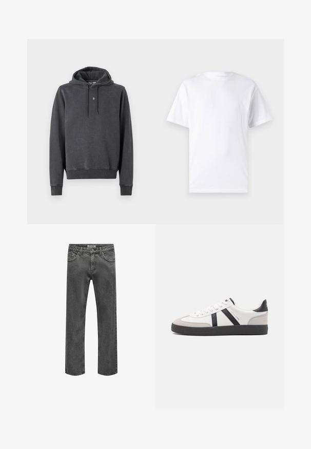Sweat à capuche gris foncé, fabriqué en mélange de coton doux. Il présente une poche kangourou, des poignets côtes et un petit logo sur la poitrine.; T-shirt blanc à manches courtes en coton avec un col rond, présentant une texture lisse et un design simple, sans motifs ni accents.; Jean droit pour homme en denim gris foncé avec fermeture avant à bouton et zip, passants de ceinture et design classique à cinq poches.; Baskets blanches avec des accents noirs et gris, présentant un embout texturé gris, une semelle en caoutchouc noir et des lacets plats blancs. Design épuré, style minimaliste.