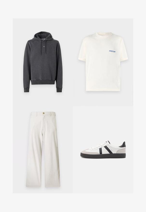 Sudadera con capucha en gris oscuro, hecha de una suave mezcla de algodón. Presenta un bolsillo tipo canguro, puños acanalados y un pequeño logo en el pecho.; Camiseta de manga corta color crema, hecha de algodón suave, con un pequeño logo impreso en azul en la parte izquierda del pecho. Diseño clásico de cuello redondo.; Pantalones de pierna ancha beige fabricados en algodón, con cremallera y cierre de un botón. Cuenta con bolsillos frontales y un acabado de tela texturizada.; Zapatilla blanca con acentos en negro y gris, que presenta una puntera texturizada en gris, suela de goma negra y cordones planos blancos. Diseño limpio, estilo minimalista.