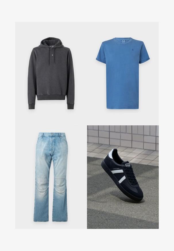 Sudadera con capucha en gris oscuro, hecha de una suave mezcla de algodón. Presenta un bolsillo tipo canguro, puños acanalados y un pequeño logo en el pecho.; Camiseta de manga corta azul claro hecha de algodón suave, con cuello redondo y un pequeño detalle de logo en el pecho.; Jeans de corte recto de talle alto en azul claro, con parches en las rodillas y una textura desgastada. Cierre de botón metálico en la cintura.; Zapatilla de cuero negra con rayas blancas, suela de goma texturizada y parte frontal con cordones. Cuenta con una etiqueta de marca en la lengüeta.