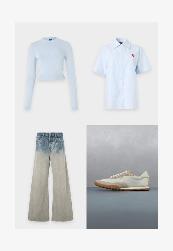 Pull court bleu clair avec des manches longues. Présente un col et un ourlet côtelés, avec un logo texturé subtil sur le devant.; Chemise à manches courtes à boutons, rayée bleu clair et blanc, avec un col pointu et un petit logo cœur rouge sur la poitrine.; Jean taille haute à jambes larges avec une partie supérieure bleu délavé passant progressivement à un gris clair en bas, doté de poches avant et de passants pour ceinture.; Sneakers blancs et beiges avec une tige lisse et des accents en daim, une semelle texturée et des coutures ton sur ton. Fermeture à lacets avec détail de logo.